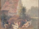 tableau représentant des poulets devant une grange au toit rouge
