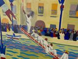 a painting of a man on a boat in the water