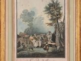 an old painting of a village scene with people and animals in the foreground