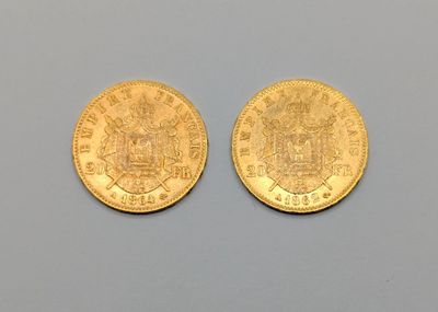 deux pièces d'or ornées d'un blason, posées sur un fond gris