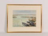 aquarelle encadrée représentant deux bateaux sur un lac bordé de roseaux