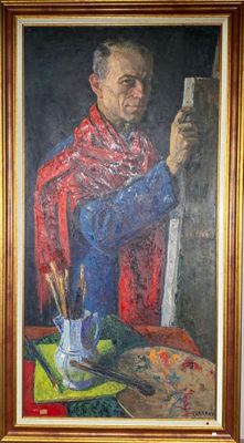 tableau représentant un homme vêtu d'une cape rouge, tenant un pinceau et une palette