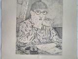 a drawing of a man with glasses sitting at a table