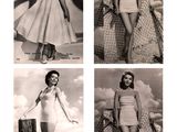 four black and white photos of a woman in a short dress