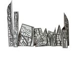 un dessin en noir et blanc représentant une ville sur fond blanc