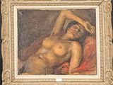 an image of a painting of a nude woman laying on a bed