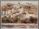 une peinture à l'huile représentant un village avec une église sur une colline