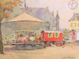 a painting of a horse drawn carriage in front of a carousel