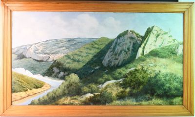 une peinture représentant une scène de montagne avec une rivière au premier plan