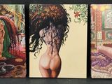 three paintings of a woman sitting on a bed with a mirror