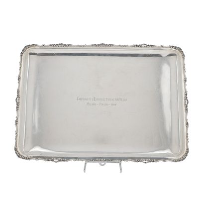 a silver tray with a silver handle on a white background