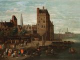 tableau représentant une scène portuaire avec un château en arrière-plan