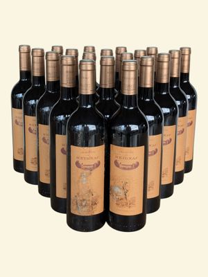 six bottles of red wine are lined up in a row