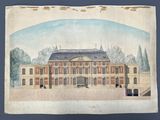 an old drawing of a large building with a fountain in front of it