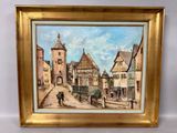 une peinture à l'huile représentant une scène de rue avec des bâtiments et une calèche
