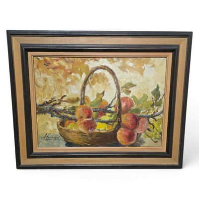 a painting of apples in a basket on a table