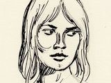 drawing of a woman ' s face in black ink on a white paper