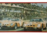 a picture of a painting of a group of cars on a race track