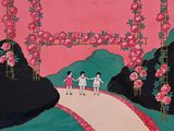 a painting of two people walking down a path