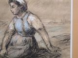 a drawing of a woman sitting on the beach