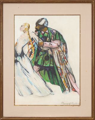 une image représentant un tableau où figurent un homme et une femme vêtus de costumes médiévaux