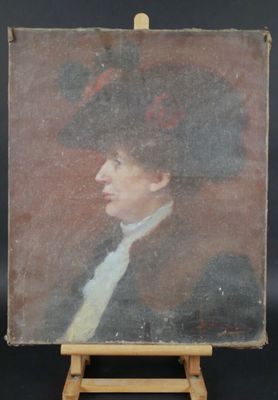 an old painting of a man with a red hat on a wooden easel