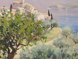 an oil painting of a man walking down a hill next to a tree