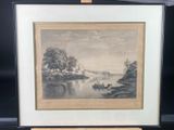 an old picture of a painting of a river with a boat in the water