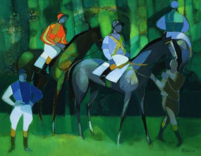 painting of jockeys and horses in a green field with trees