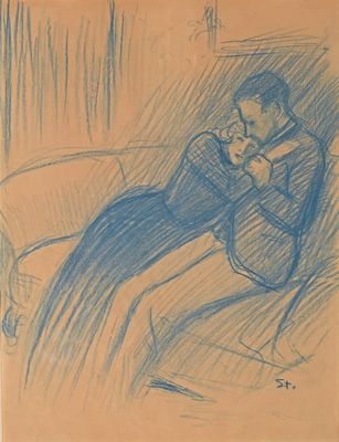 dessin représentant un homme assis sur une chaise tenant un chat