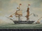 une vieille peinture représentant un navire en mer, entouré d'autres bateaux
