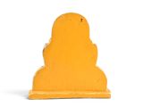 yellow wooden bird figurine sitting on a white surface