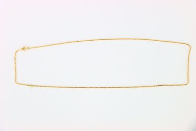 a gold necklace with a long chain on a white background