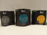 three cans of duluxx pure all purpose paint sitting on a white surface