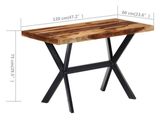 La table est en bois et en métal, avec des pieds en croix.