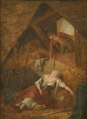 un vieux tableau représentant un homme et une femme dans une grange