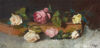 an oil painting of roses in a wooden box on a table