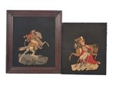 two framed pictures of a man on a horse and a woman on a horse
