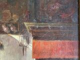 a painting of a woman sitting in a chair in a room