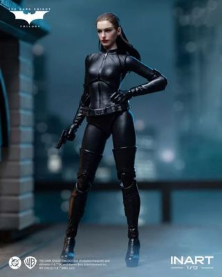 a close up of a person in a cat suit with a gun