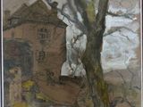 un tableau représentant un arbre devant une maison