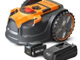 une tondeuse robotisée équipée d'une batterie et d'un chargeur