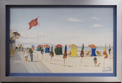 un tableau représentant une scène de plage avec des parasols sur le sable