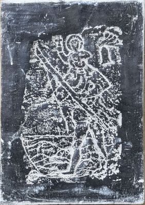 a black and white drawing of a man holding a cross on a chalkboard