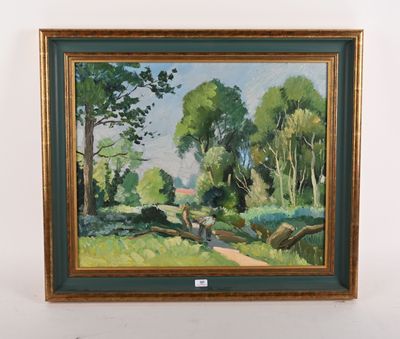 une peinture à l'huile représentant un paysage avec des arbres et un sentier