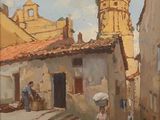 painting of a woman carrying a basket on her head walking down a cobblestone street