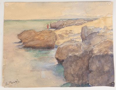 a watercolor painting of rocks on the beach