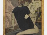 une image représentant un tableau où l'on voit une femme en robe noire assise devant un miroir