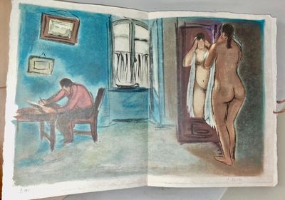 dessin représentant une femme debout devant un miroir dans une pièce