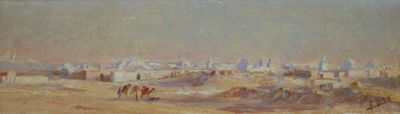 an image of a painting of a desert scene with people and horses